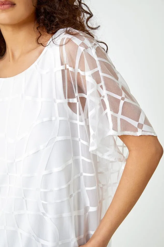 Women Ivory Abstract Check Print Blouson Top Roman Tops