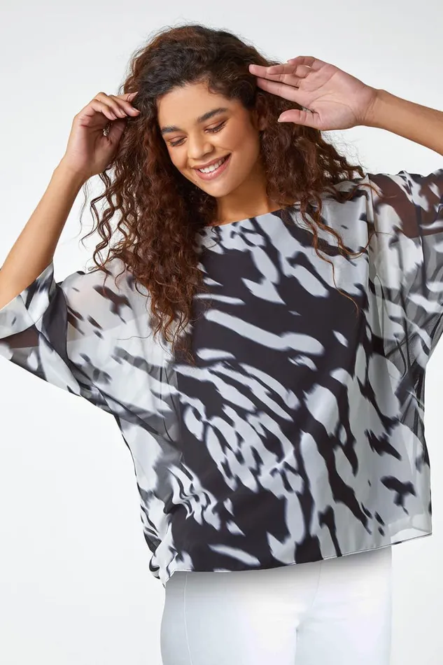 Women Ivory Abstract Print Chiffon Overlay Top Roman Tops