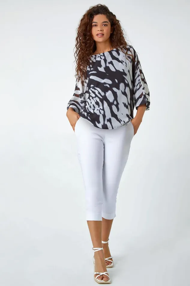 Women Ivory Abstract Print Chiffon Overlay Top Roman Tops