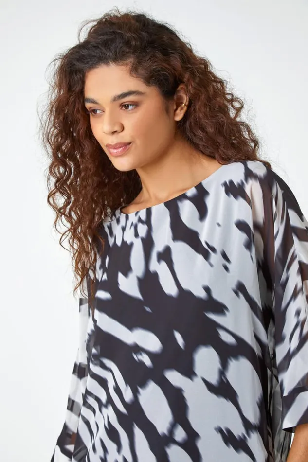 Women Ivory Abstract Print Chiffon Overlay Top Roman Tops