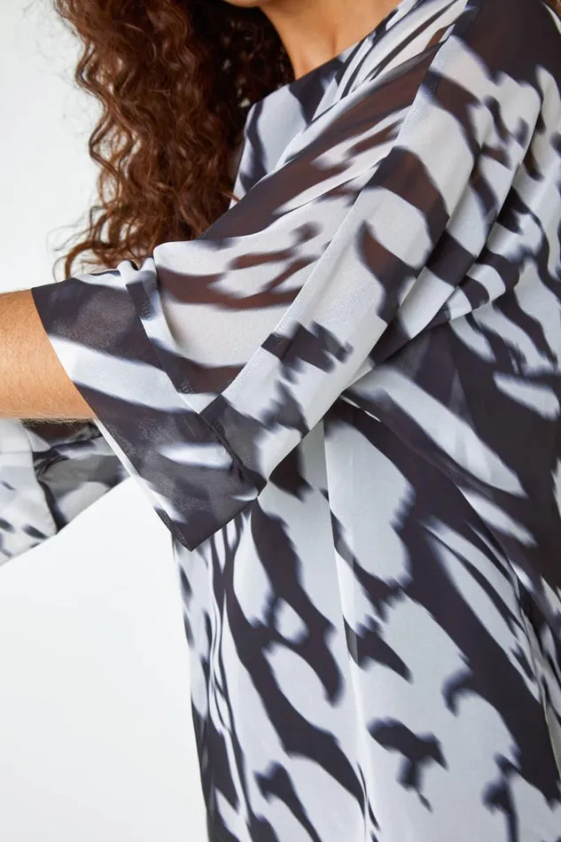 Women Ivory Abstract Print Chiffon Overlay Top Roman Tops