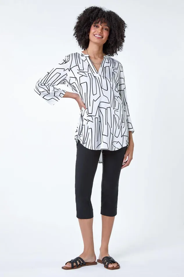 Women Ivory Abstract Print Longline VNeck Top Roman Tops