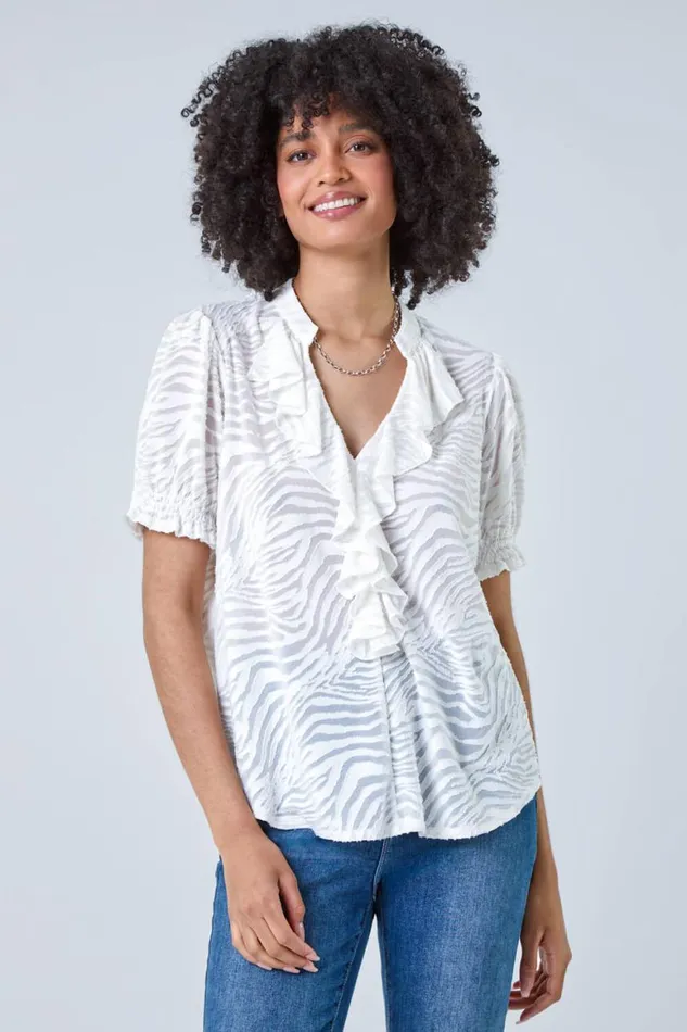 Women Ivory Animal Jacquard Frill VNeck Stretch TShirt Roman Tops