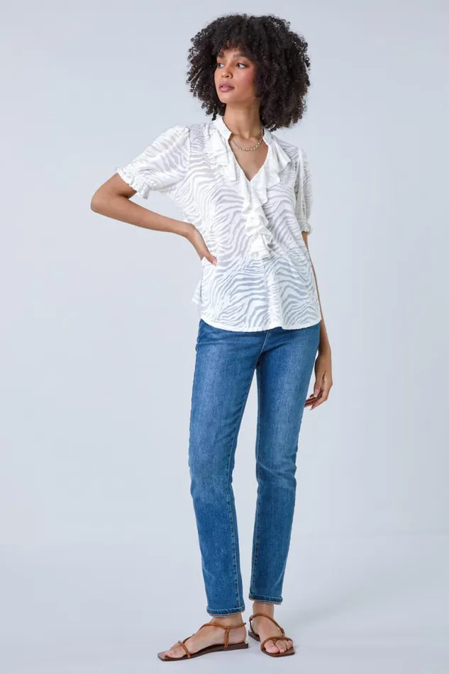 Women Ivory Animal Jacquard Frill VNeck Stretch TShirt Roman Tops