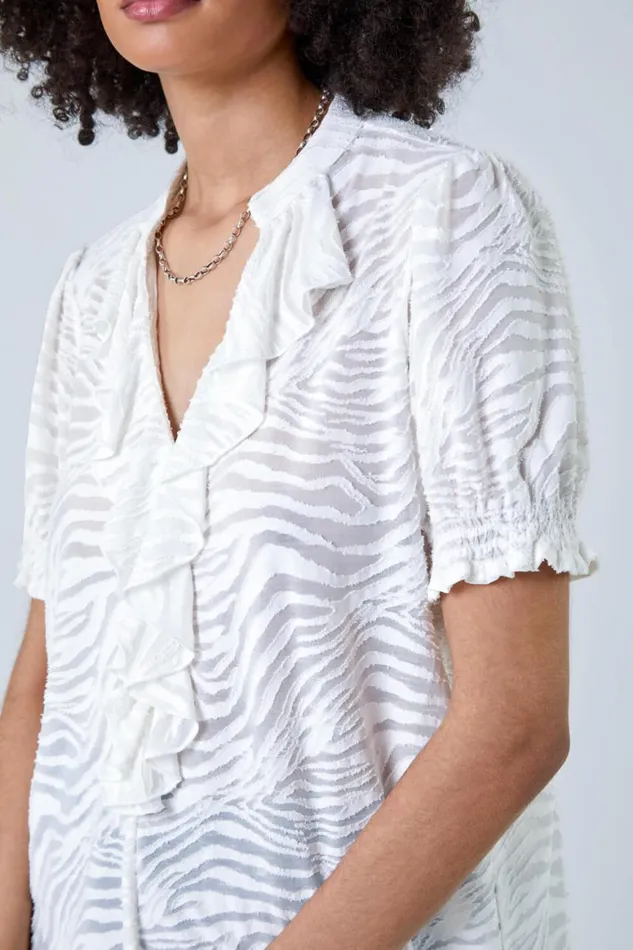 Women Ivory Animal Jacquard Frill VNeck Stretch TShirt Roman Tops
