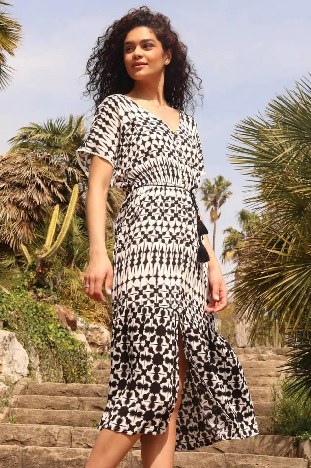 Women Ivory Aztec Button Down Midi Dress Roman Dresses