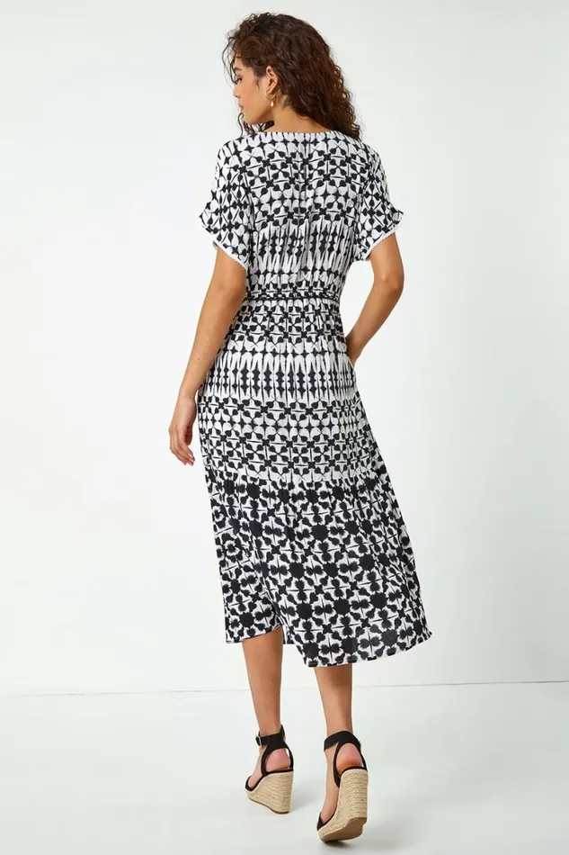 Women Ivory Aztec Button Down Midi Dress Roman Dresses