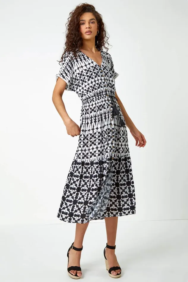Women Ivory Aztec Button Down Midi Dress Roman Dresses