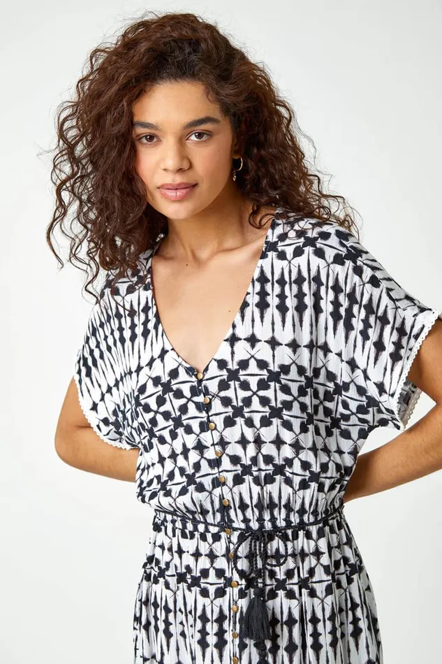Women Ivory Aztec Button Down Midi Dress Roman Dresses