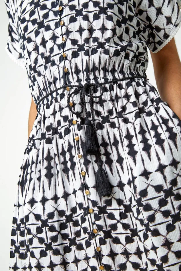 Women Ivory Aztec Button Down Midi Dress Roman Dresses