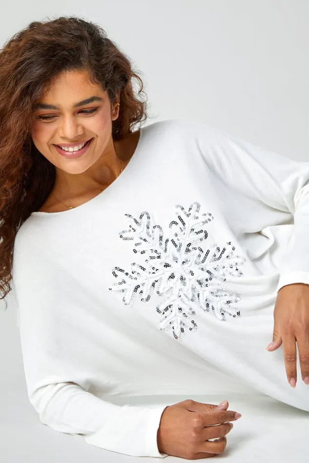 Women Ivory Embellished Snowflake Stretch Top Roman Tops