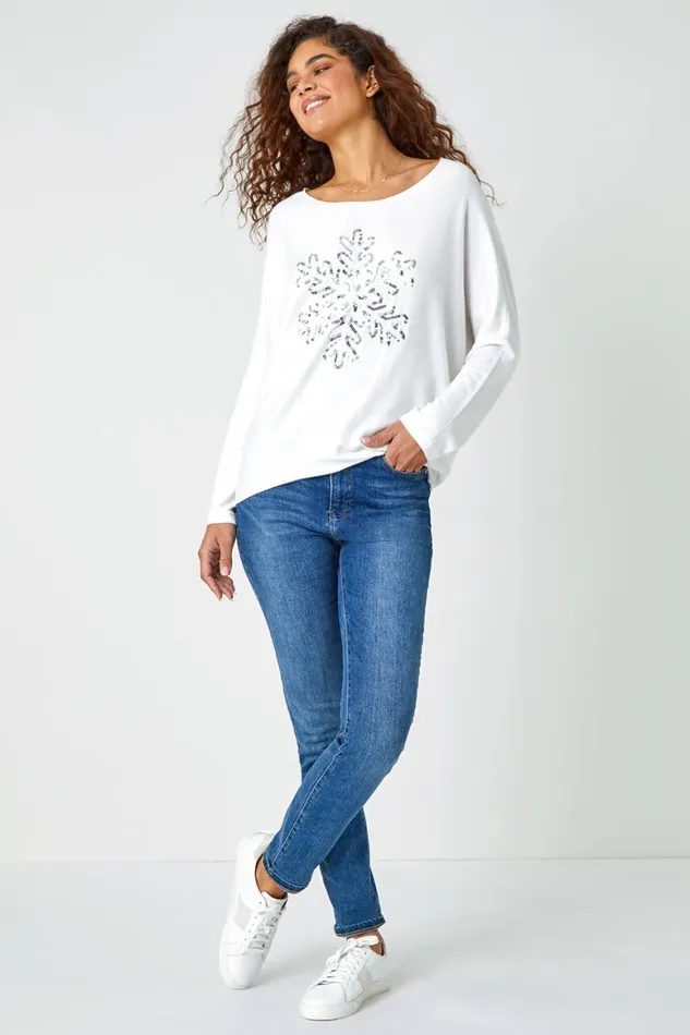 Women Ivory Embellished Snowflake Stretch Top Roman Tops
