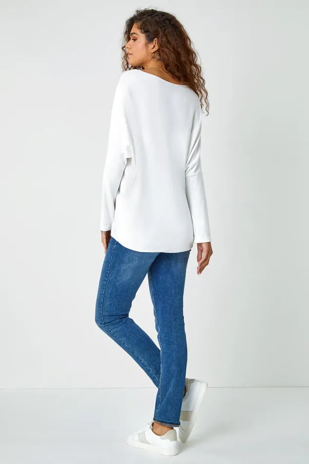 Women Ivory Embellished Snowflake Stretch Top Roman Tops