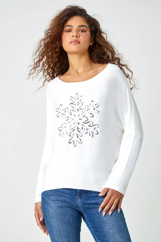 Women Ivory Embellished Snowflake Stretch Top Roman Tops