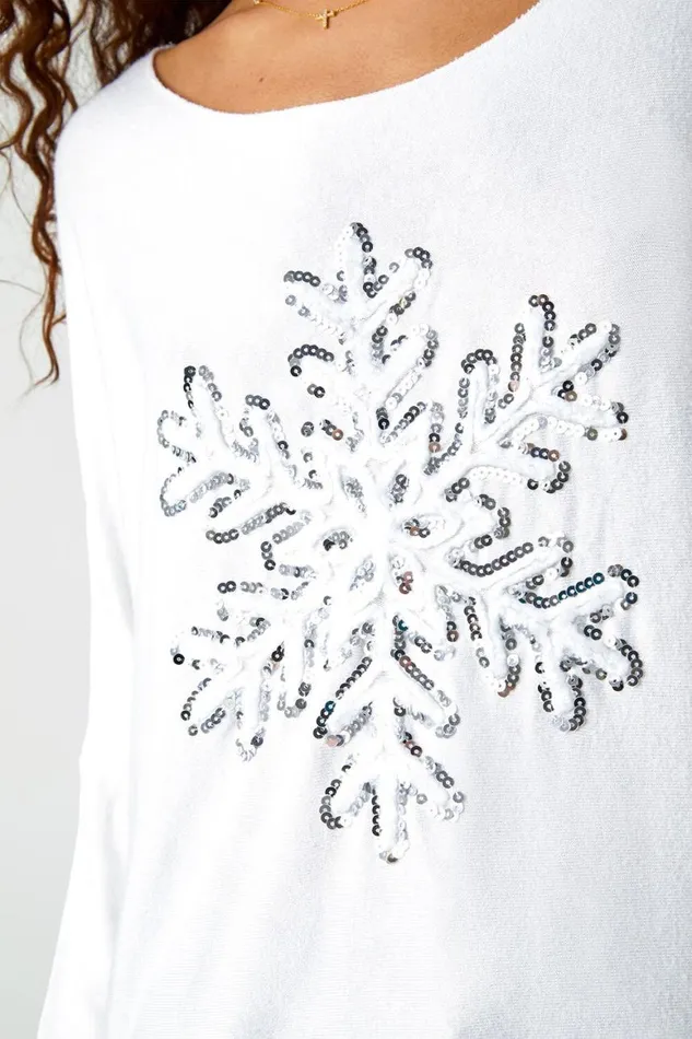 Women Ivory Embellished Snowflake Stretch Top Roman Tops