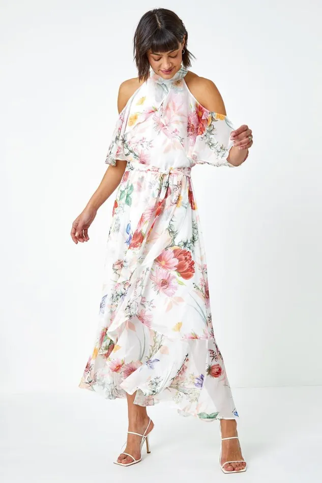 Women Ivory Floral Halterneck Chiffon Frill Dress Roman Dresses