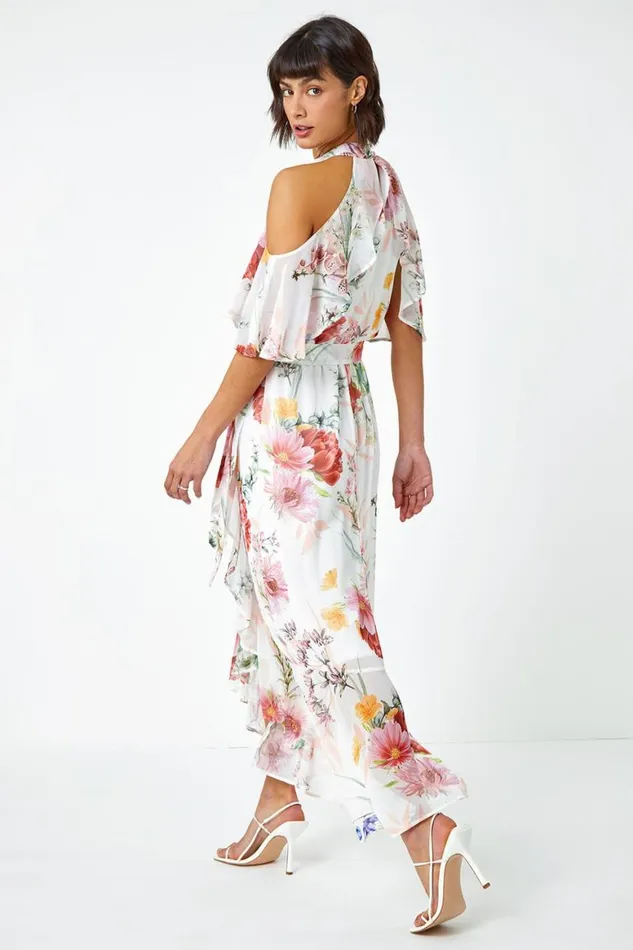 Women Ivory Floral Halterneck Chiffon Frill Dress Roman Dresses