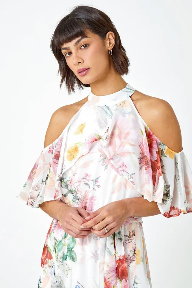Women Ivory Floral Halterneck Chiffon Frill Dress Roman Dresses