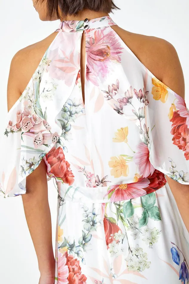 Women Ivory Floral Halterneck Chiffon Frill Dress Roman Dresses