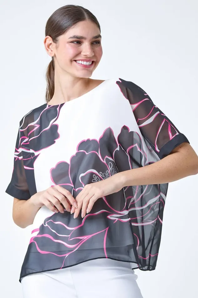 Women Ivory Floral Print Overlay Top Roman Tops