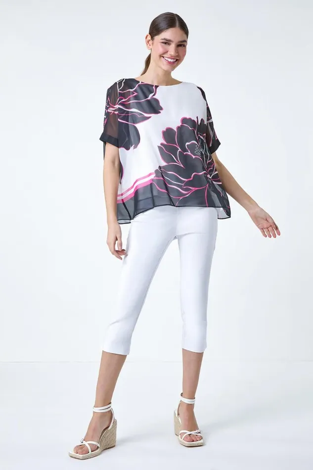 Women Ivory Floral Print Overlay Top Roman Tops