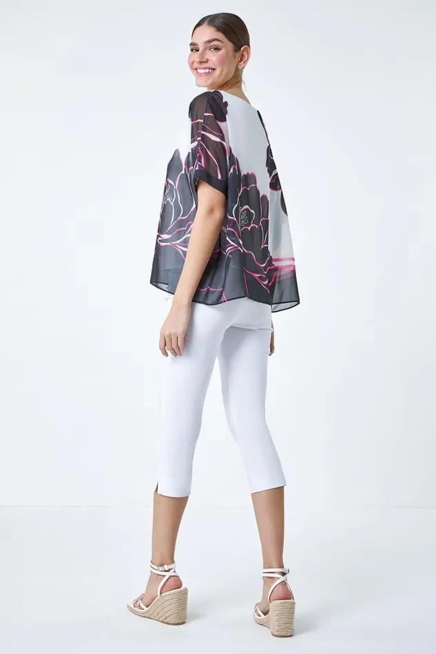 Women Ivory Floral Print Overlay Top Roman Tops