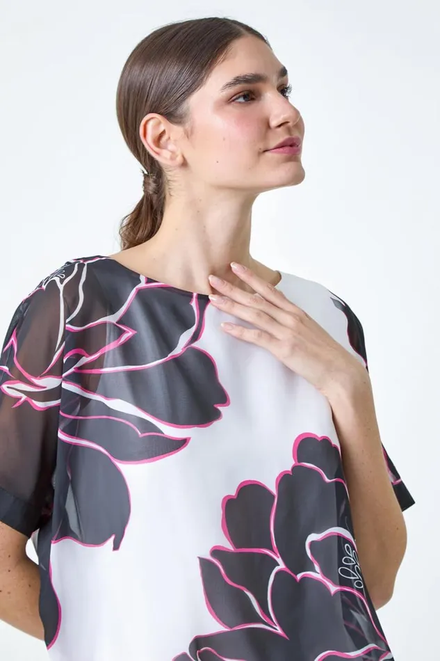 Women Ivory Floral Print Overlay Top Roman Tops
