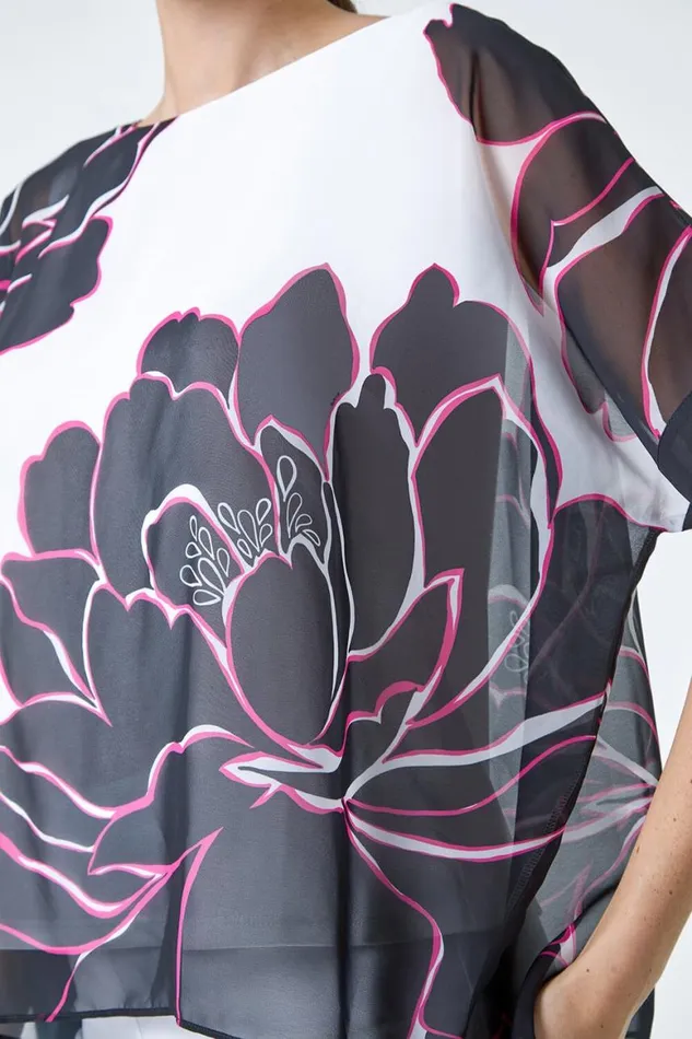 Women Ivory Floral Print Overlay Top Roman Tops