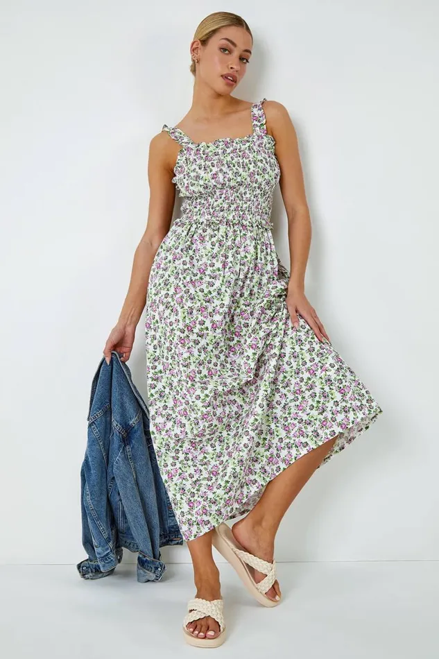 Women Ivory Floral Print Shirred Stretch Maxi Dress Roman Dresses