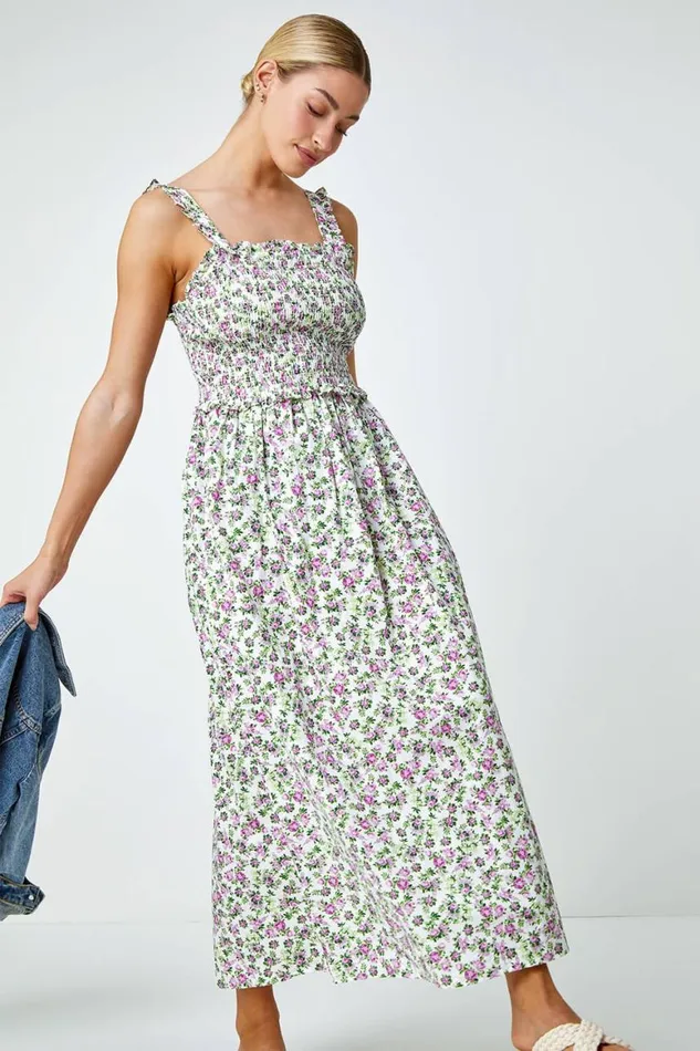 Women Ivory Floral Print Shirred Stretch Maxi Dress Roman Dresses