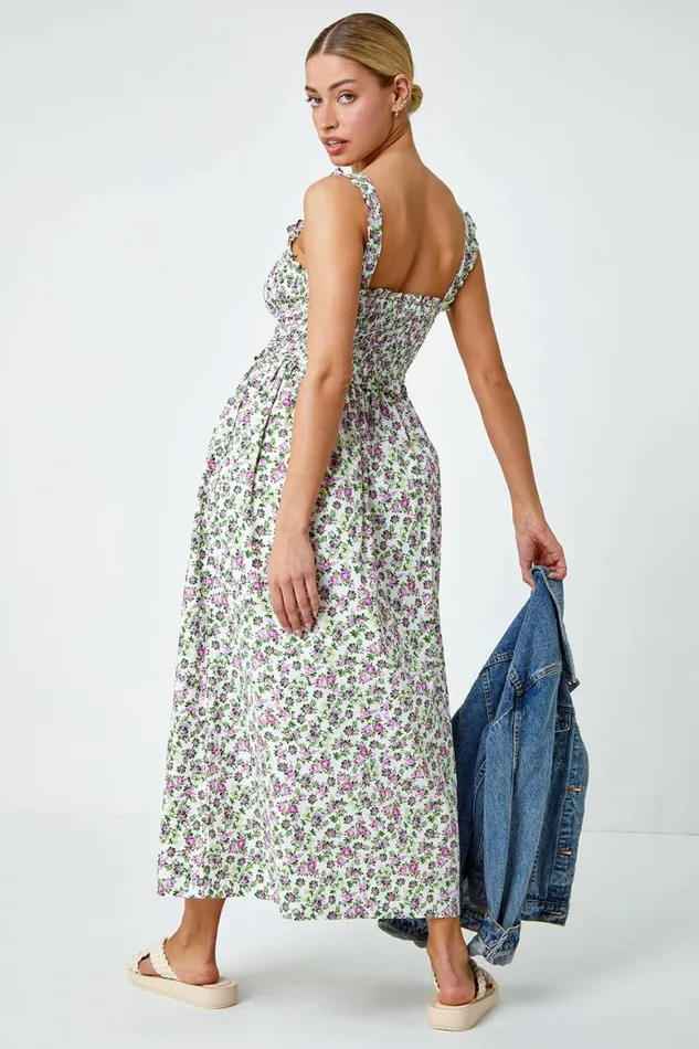 Women Ivory Floral Print Shirred Stretch Maxi Dress Roman Dresses