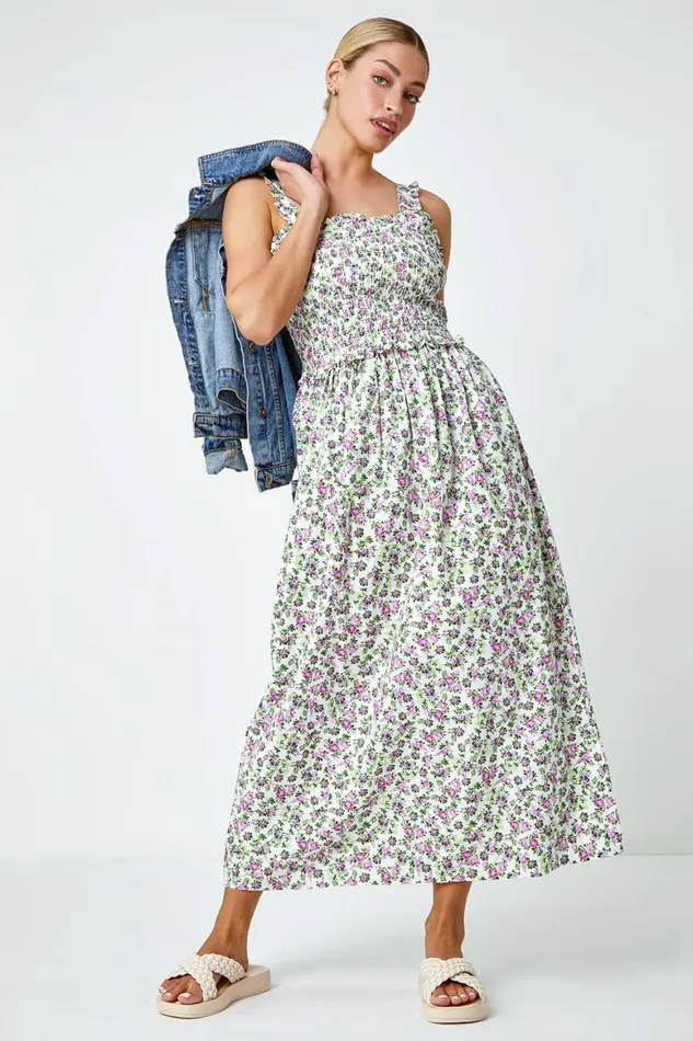 Women Ivory Floral Print Shirred Stretch Maxi Dress Roman Dresses
