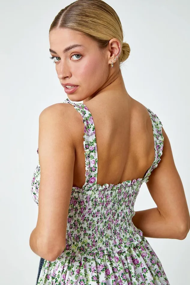 Women Ivory Floral Print Shirred Stretch Maxi Dress Roman Dresses