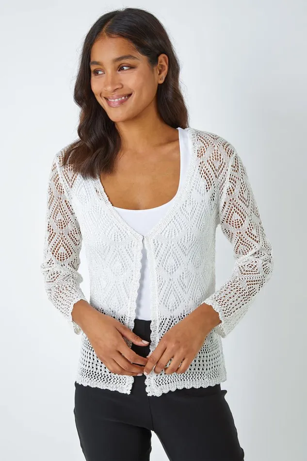 Women Ivory Knitted Crochet Shimmer Shrug Roman Occasionwear