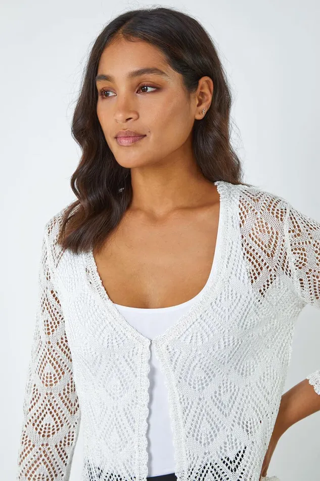 Women Ivory Knitted Crochet Shimmer Shrug Roman Occasionwear