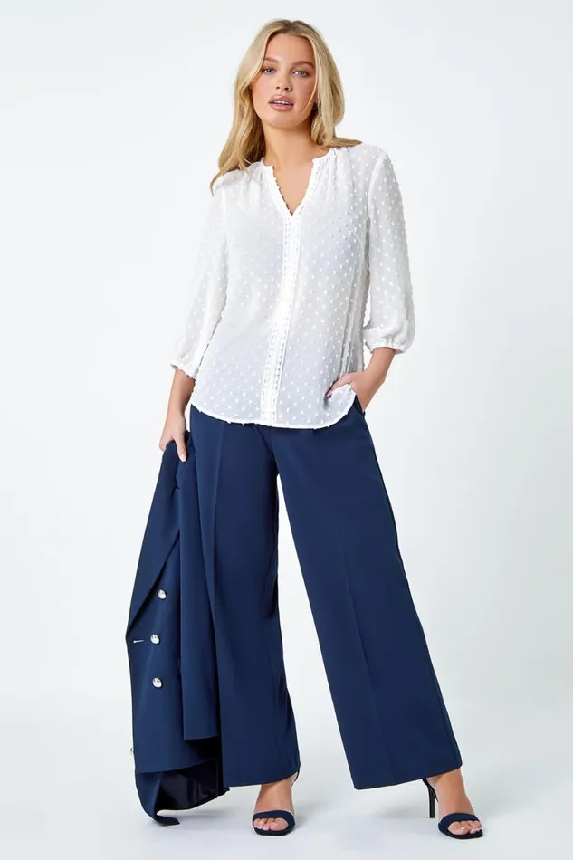 Women Ivory Petite Textured Spot Print VNeck Top Roman Tops