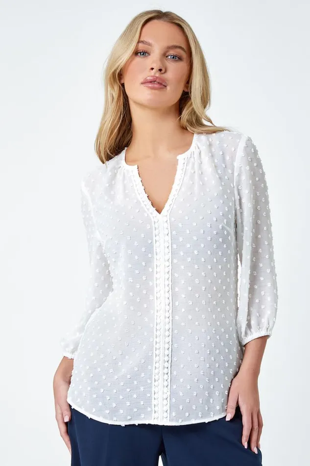 Women Ivory Petite Textured Spot Print VNeck Top Roman Tops