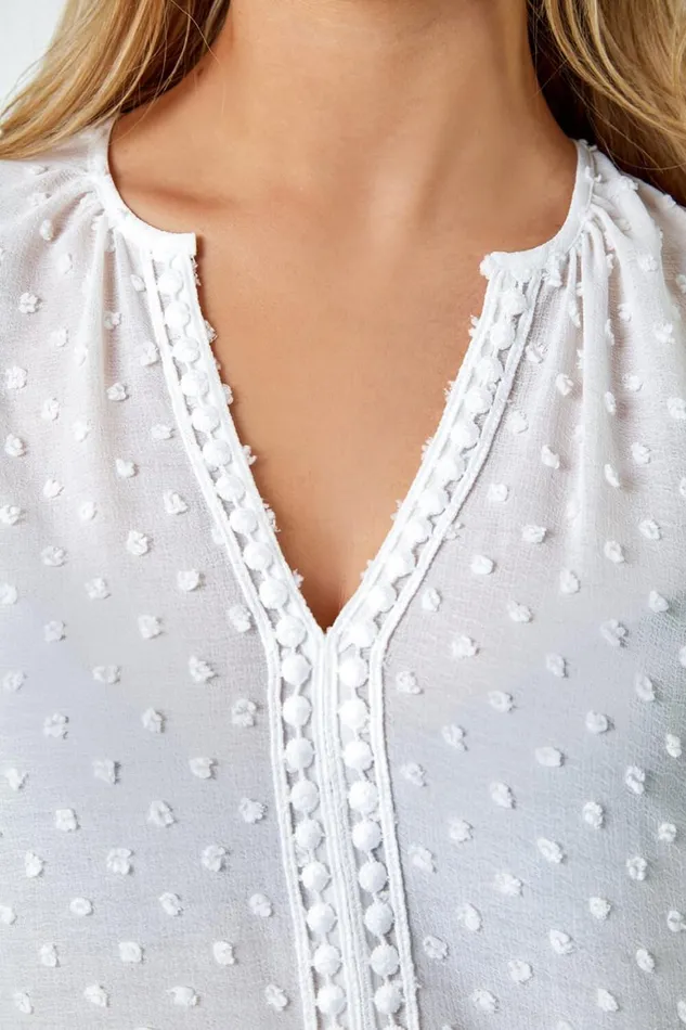 Women Ivory Petite Textured Spot Print VNeck Top Roman Tops