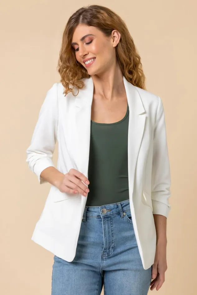 Women Ivory Ruched 34 Sleeve Blazer Jacket Roman Coords