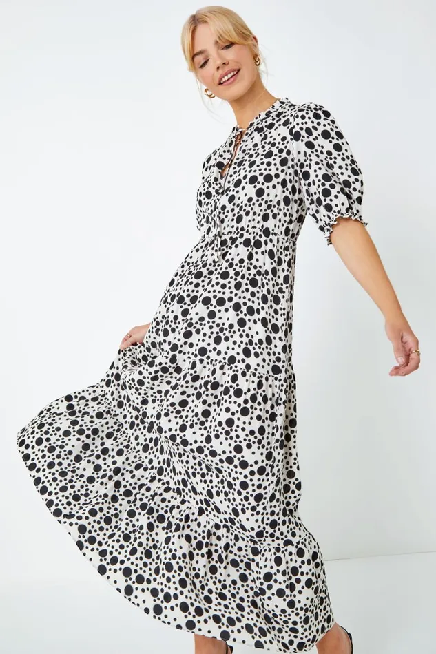 Women Ivory Spot Tie Neck Tiered Frill Midi Dress Roman Dresses