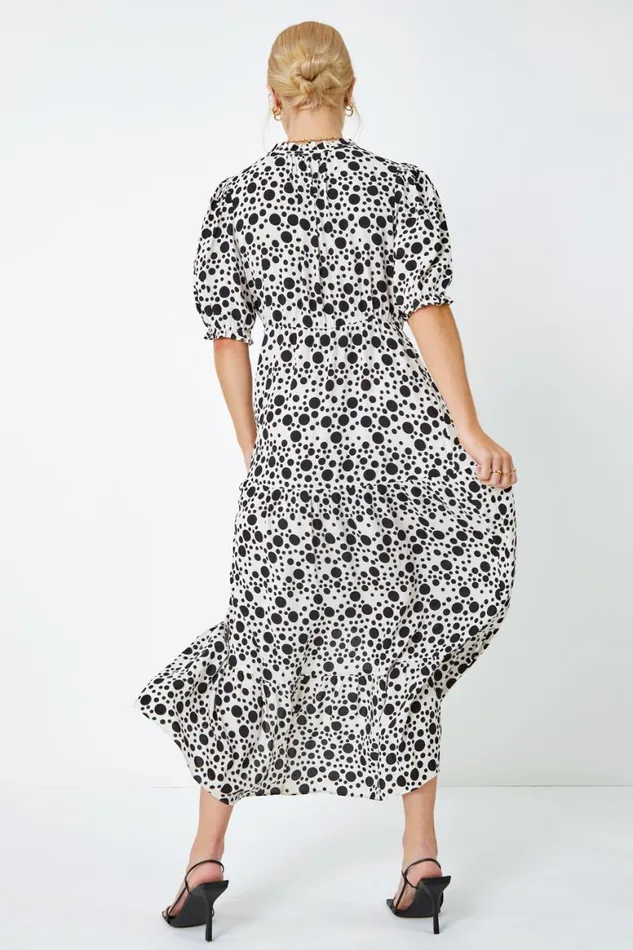 Women Ivory Spot Tie Neck Tiered Frill Midi Dress Roman Dresses