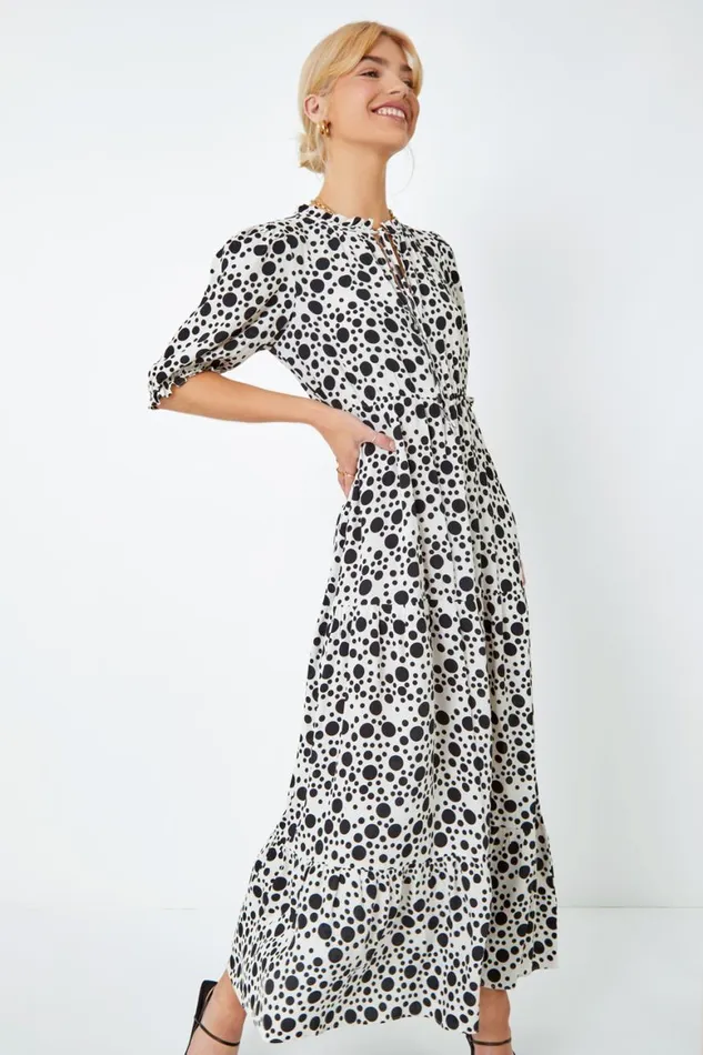 Women Ivory Spot Tie Neck Tiered Frill Midi Dress Roman Dresses