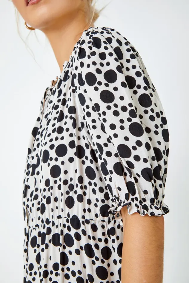 Women Ivory Spot Tie Neck Tiered Frill Midi Dress Roman Dresses