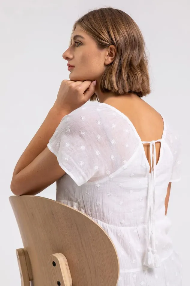 Women Ivory Tie Back Embroidered Cotton Top Roman Tops