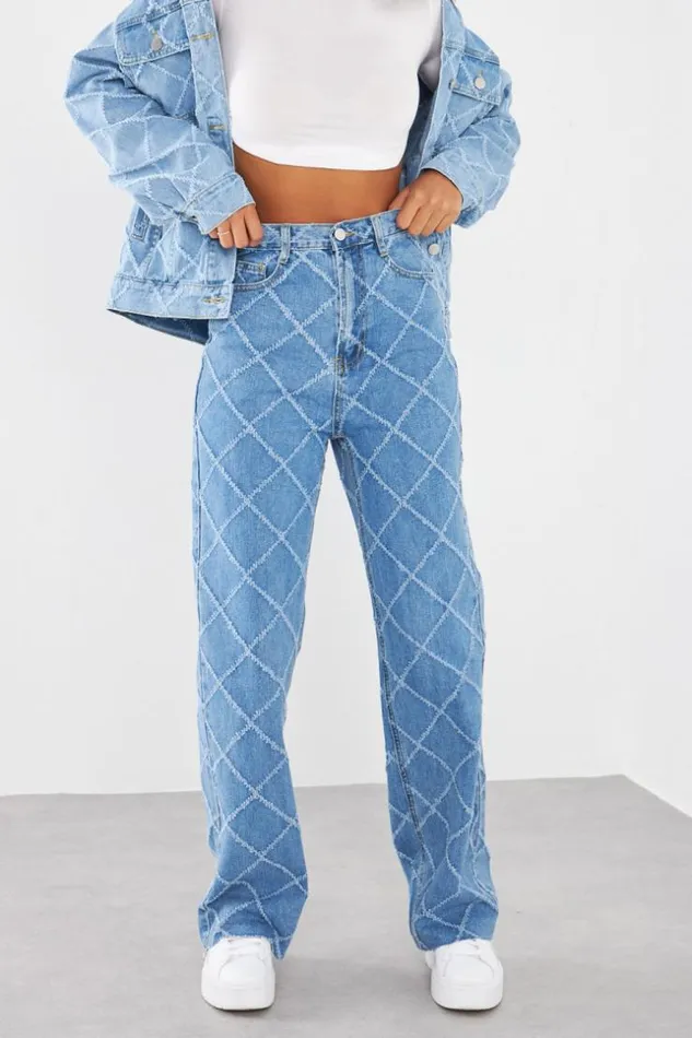 Women Jean Bleu Motif Losange Blue Brentiny Paris Jeans
