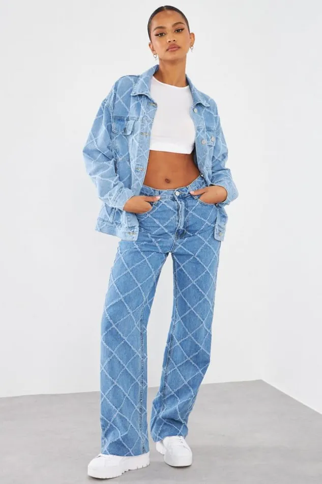 Women Jean Bleu Motif Losange Blue Brentiny Paris Jeans