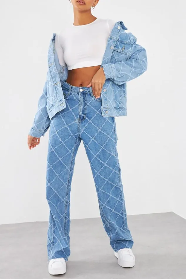 Women Jean Bleu Motif Losange Blue Brentiny Paris Jeans