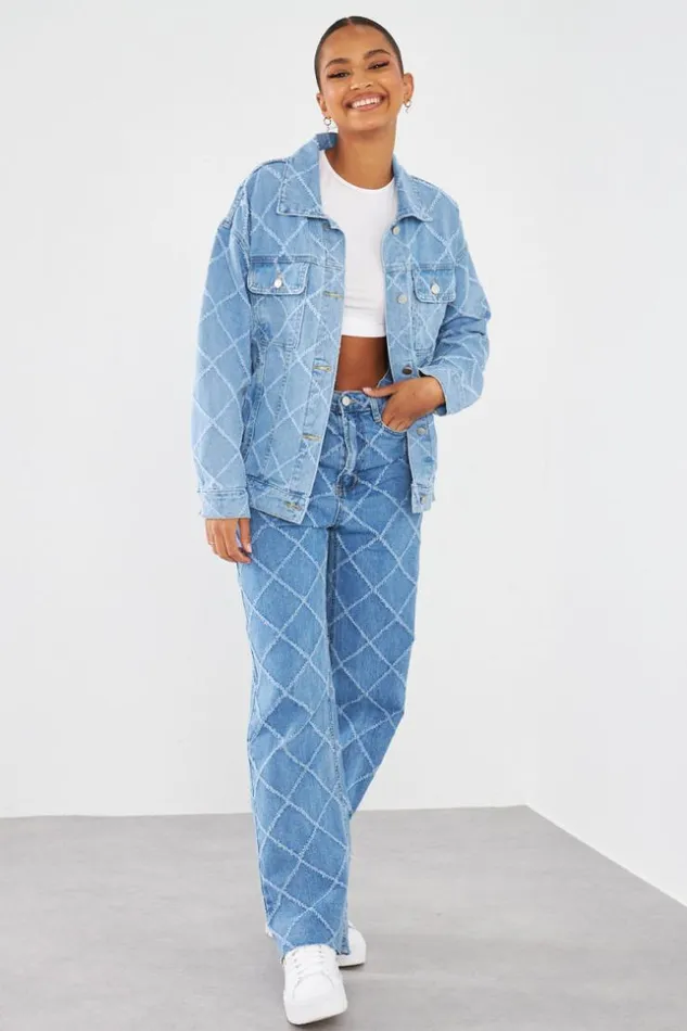 Women Jean Bleu Motif Losange Blue Brentiny Paris Jeans