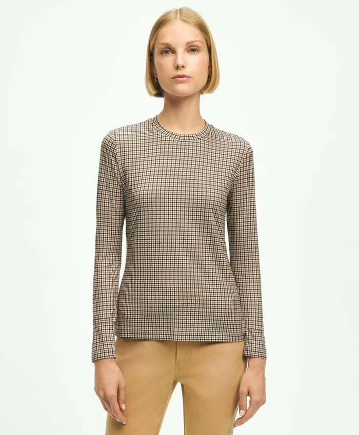 Women Jersey Tattersall Print LongSleeve TShirt Brown Brooks Brothers Blouses and Shirts Women Jersey Tattersall Print LongSleeve TShirt Brown Brooks Brothers Blouses and Shirts