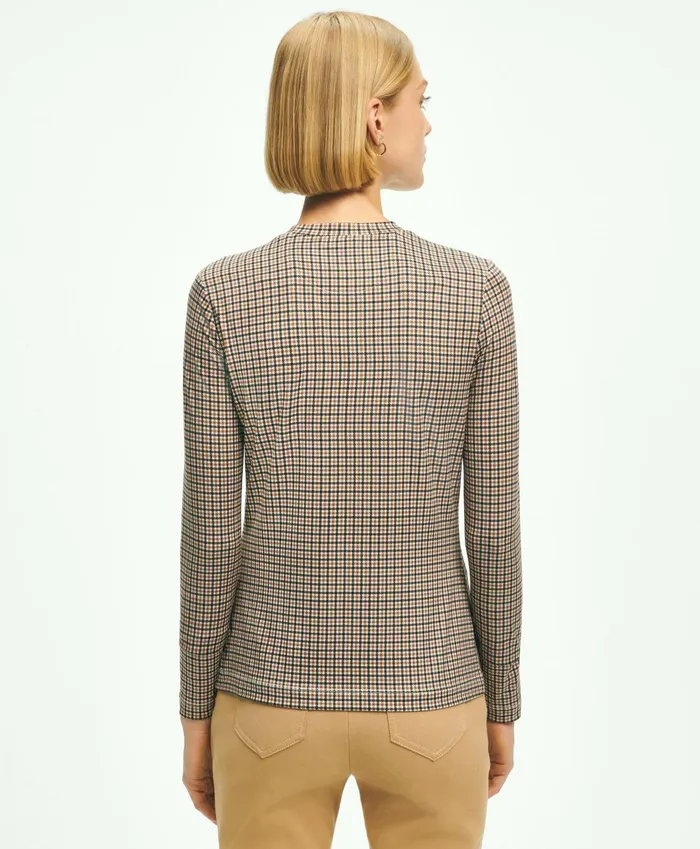 Women Jersey Tattersall Print LongSleeve TShirt Brown Brooks Brothers Blouses and Shirts